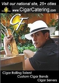 Cigar roller in white hat displaying Connecticut Shade tobacco wrapper leaf used exclusively at all events.